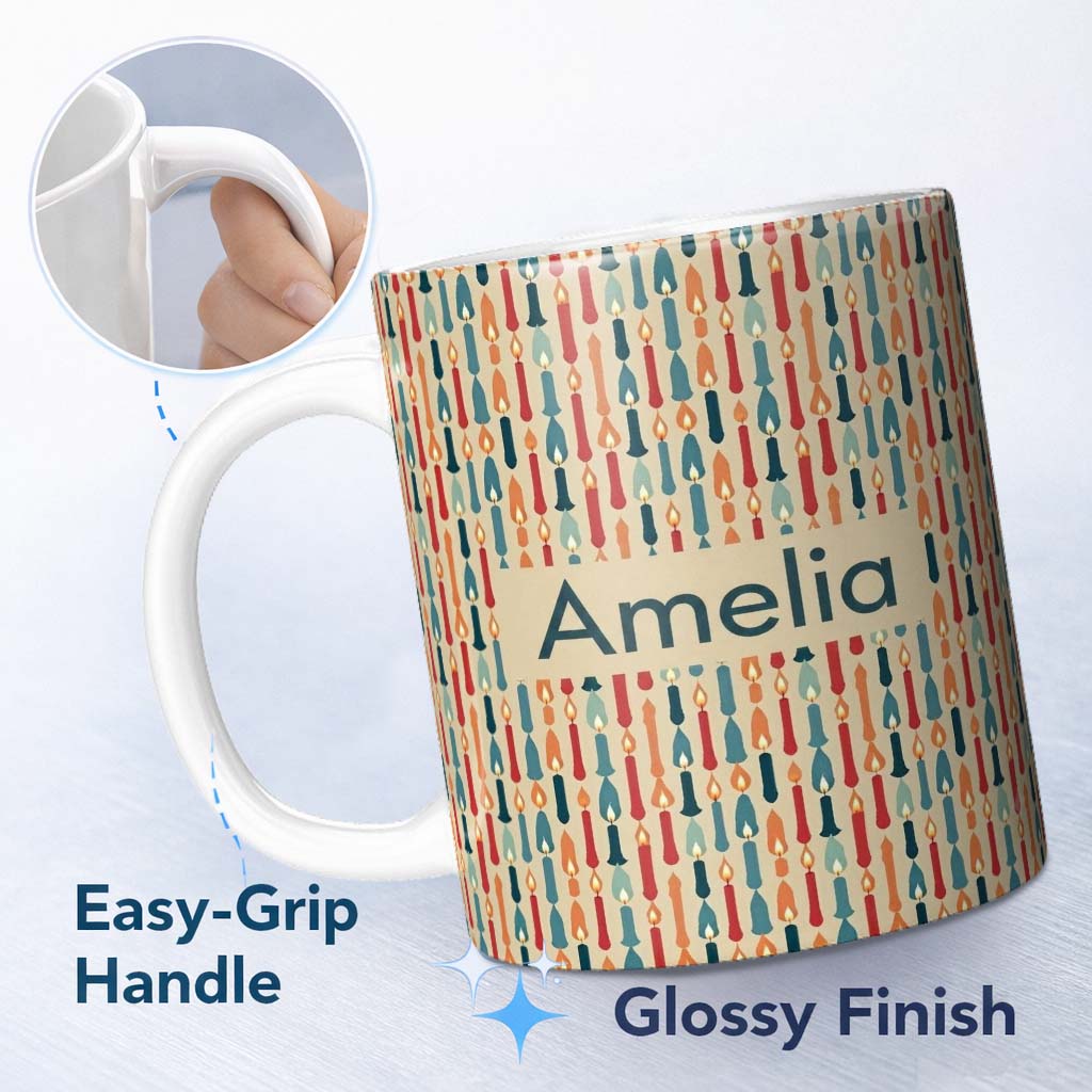 Personalized Custom Name Colorful Vertical Candle Shapes with Flame Details Seamless Pattern 11oz Ceramic Coffee Tea Mug White Large Handle