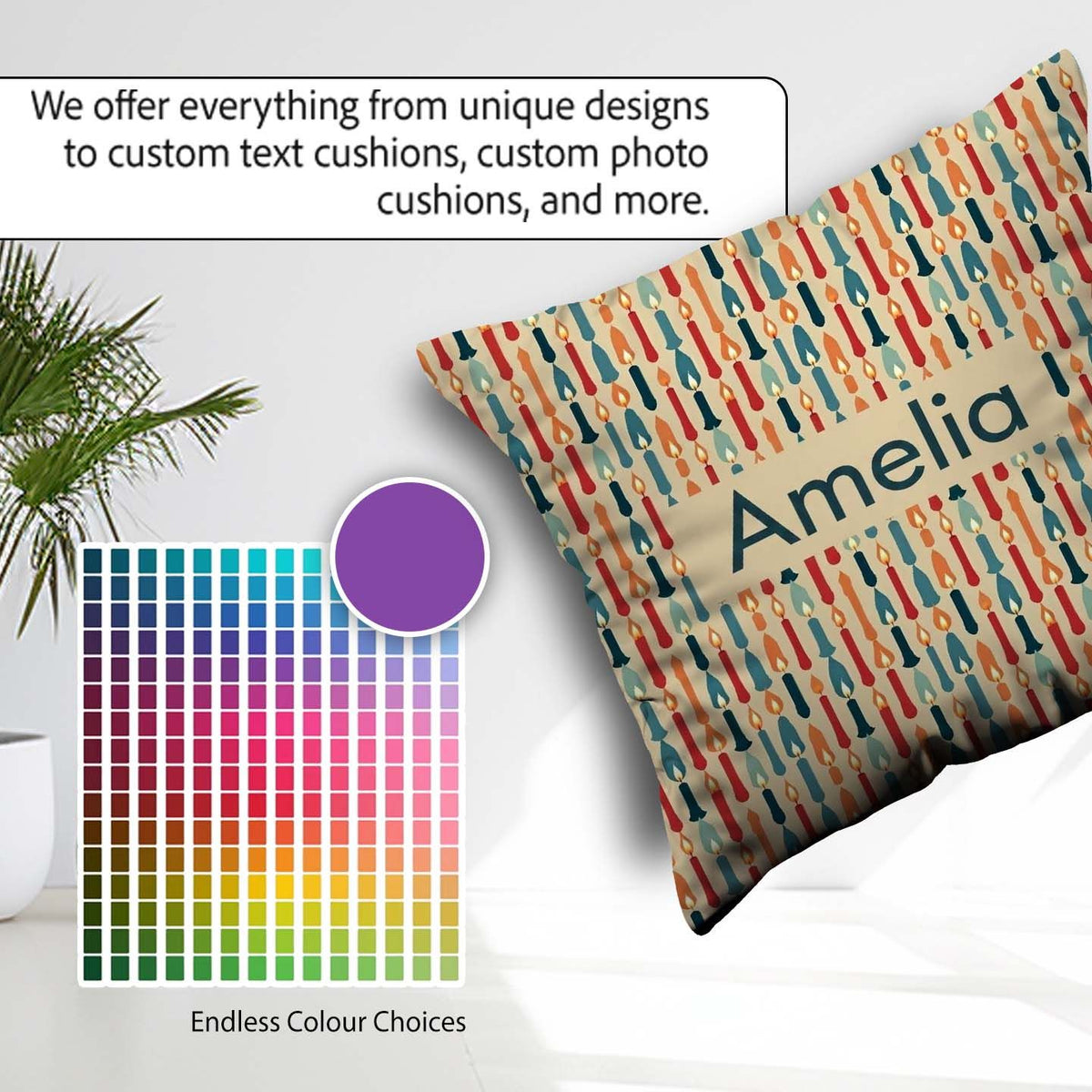 Custom Name Colorful Vertical Candle with Flame Details Seamless Square Filled Cushion Throw Pillow Sofa Bed Home Decor Zip Washable UK Made
