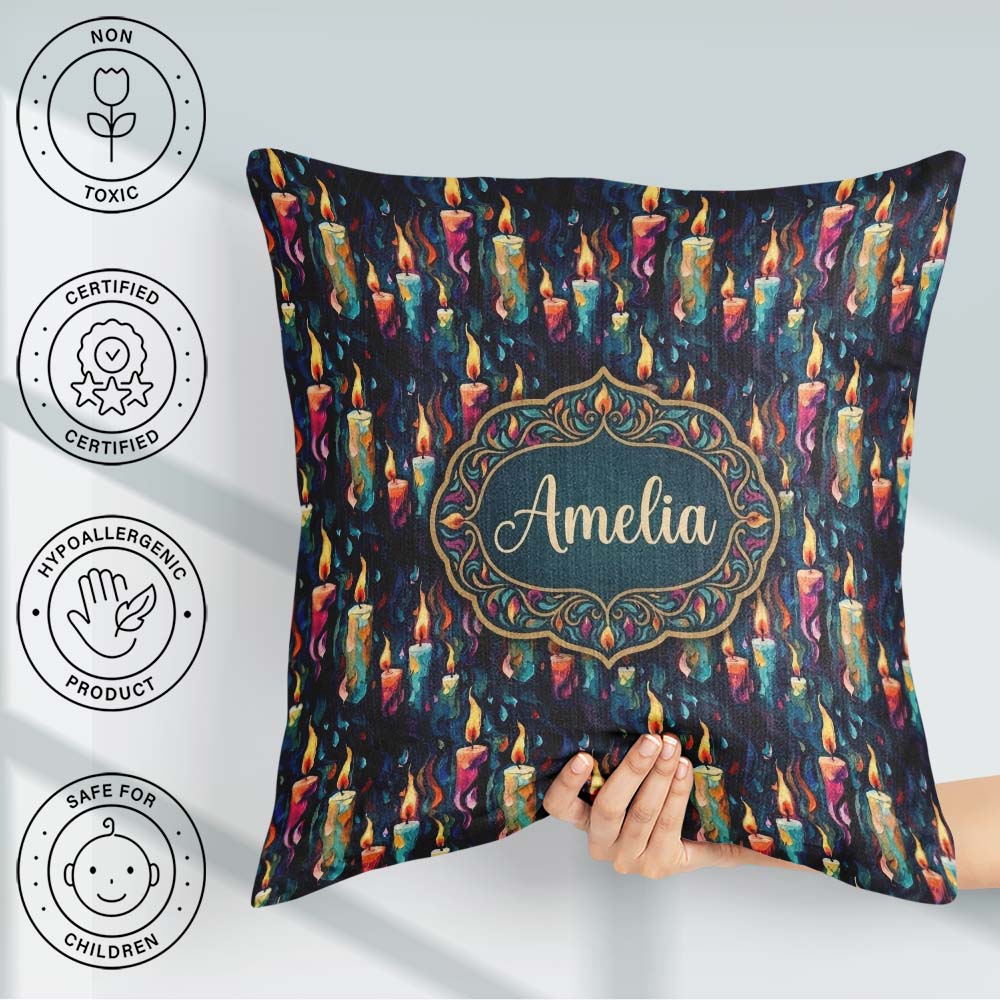 Custom Name Artistic Melting Candles on Dark Background Seamless Square Filled Cushion Throw Pillow Sofa Bed Home Decor Zip Washable UK Made