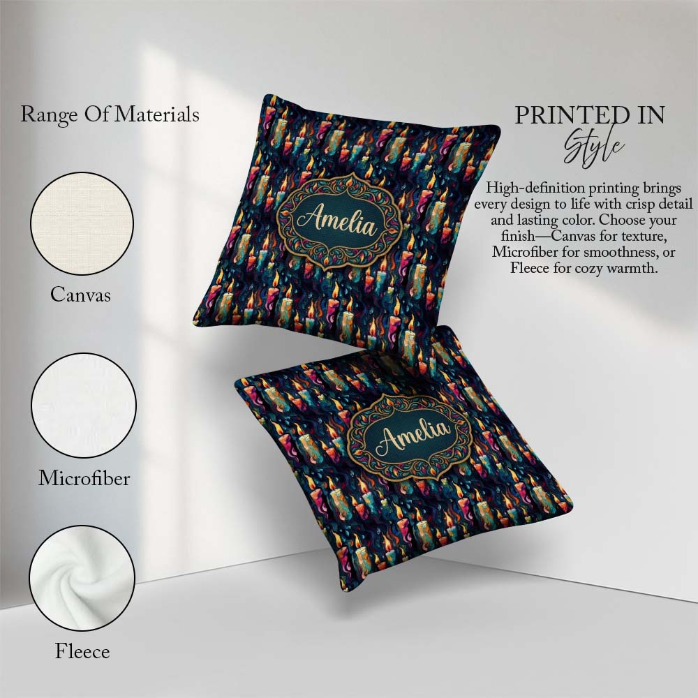 Custom Name Artistic Melting Candles on Dark Background Seamless Square Filled Cushion Throw Pillow Sofa Bed Home Decor Zip Washable UK Made