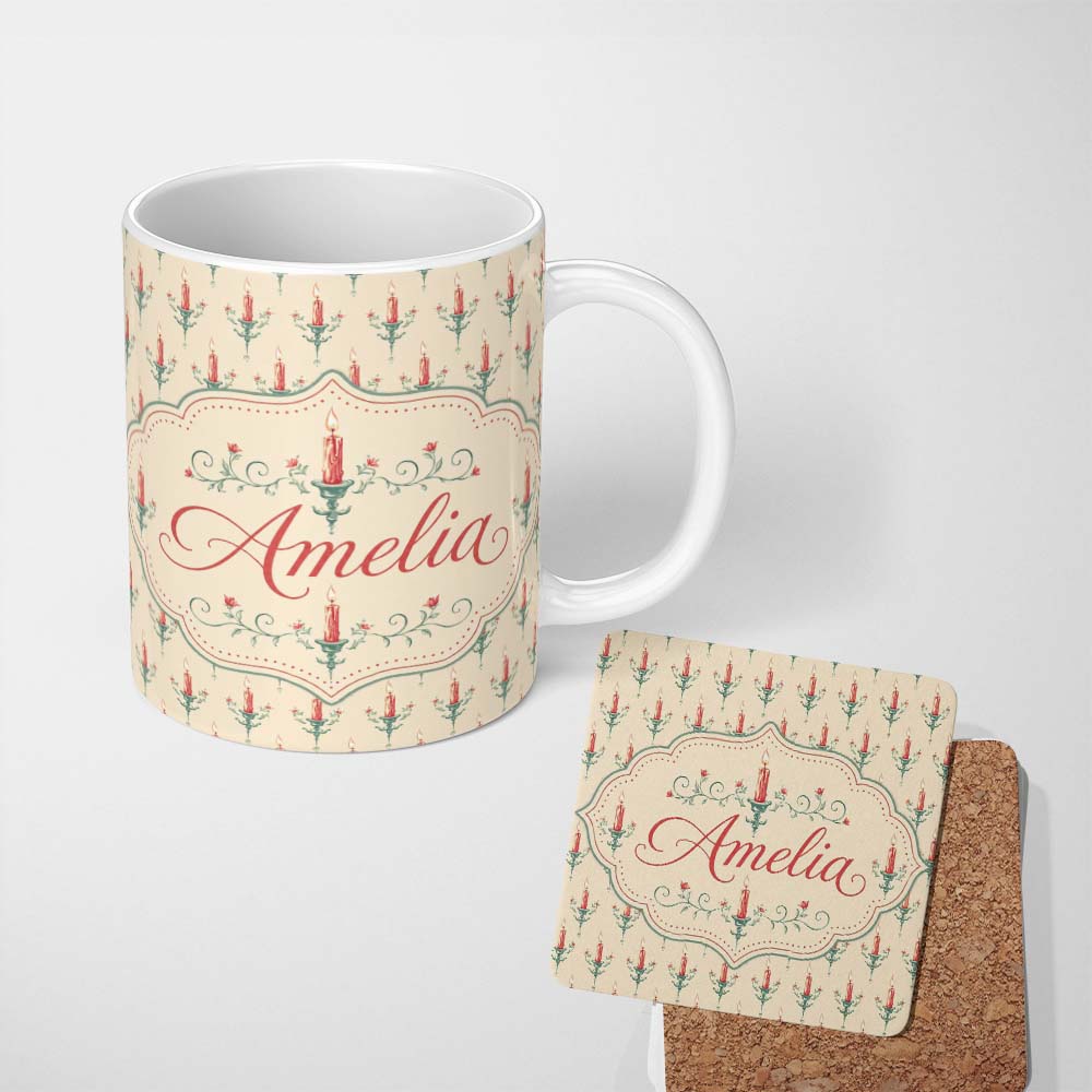 Personalized Custom Name Vintage Red Candles on Ornate Holders Seamless Pattern Name Cute 11oz Ceramic Coffee Tea Mug White Large Handle