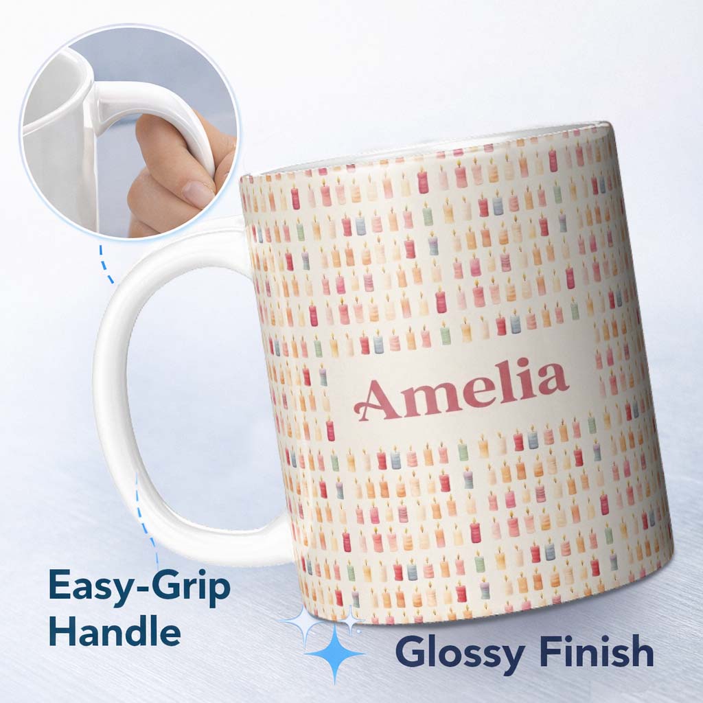 Personalized Custom Name Soft Pastel Small Candles Minimal Repeating Seamless Pattern Name 11oz Ceramic Coffee Tea Mug White Large Handle