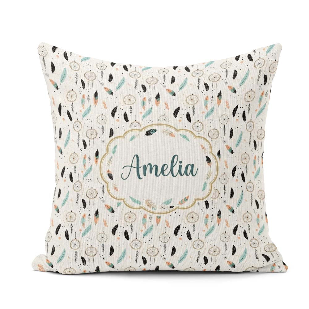 Custom Name Boho Feathers Pastel Seamless Pattern Designs Name Square Filled Cushion Throw Pillow Sofa Bed Home Decor Zip Washable UK Made