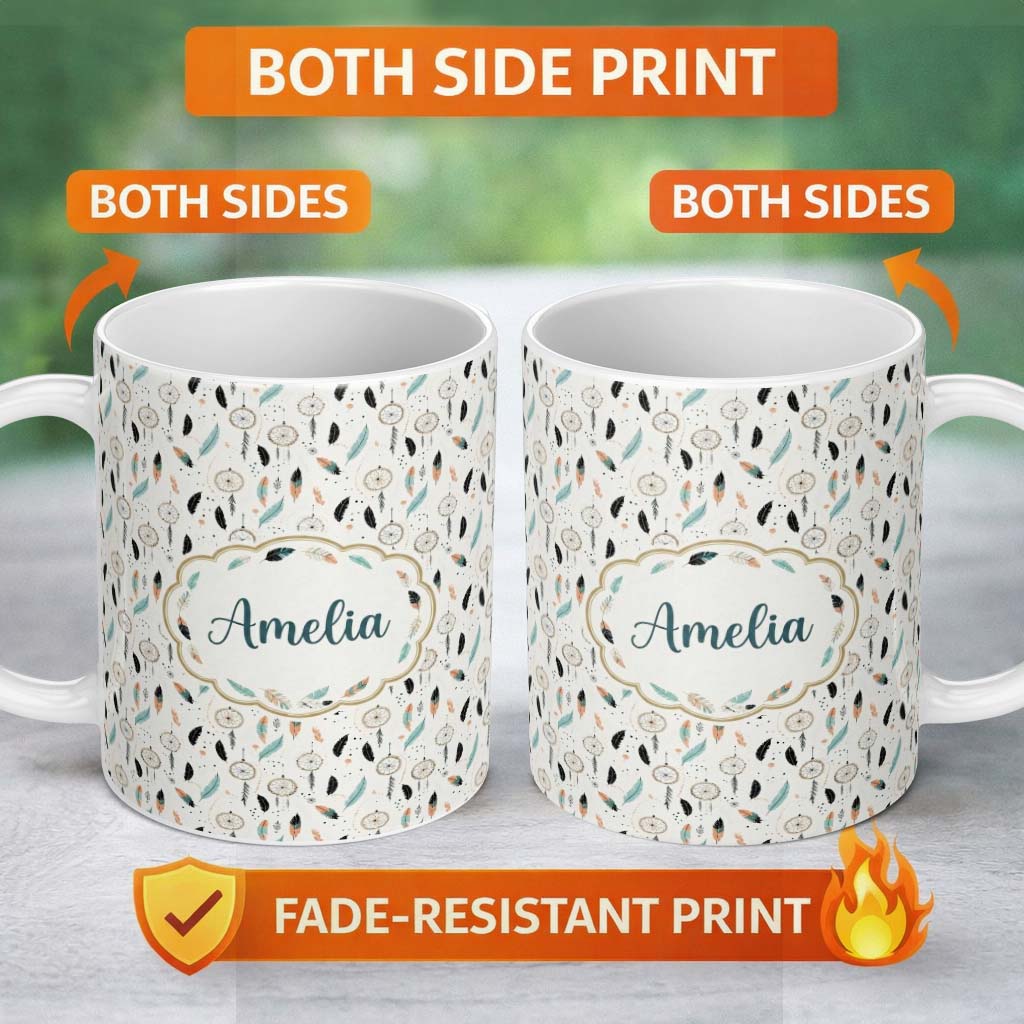 Personalized Custom Name Boho Dreamcatcher Feathers Pastel Seamless Pattern Designs Name Cute 11oz Ceramic Coffee Tea Mug White Large Handle