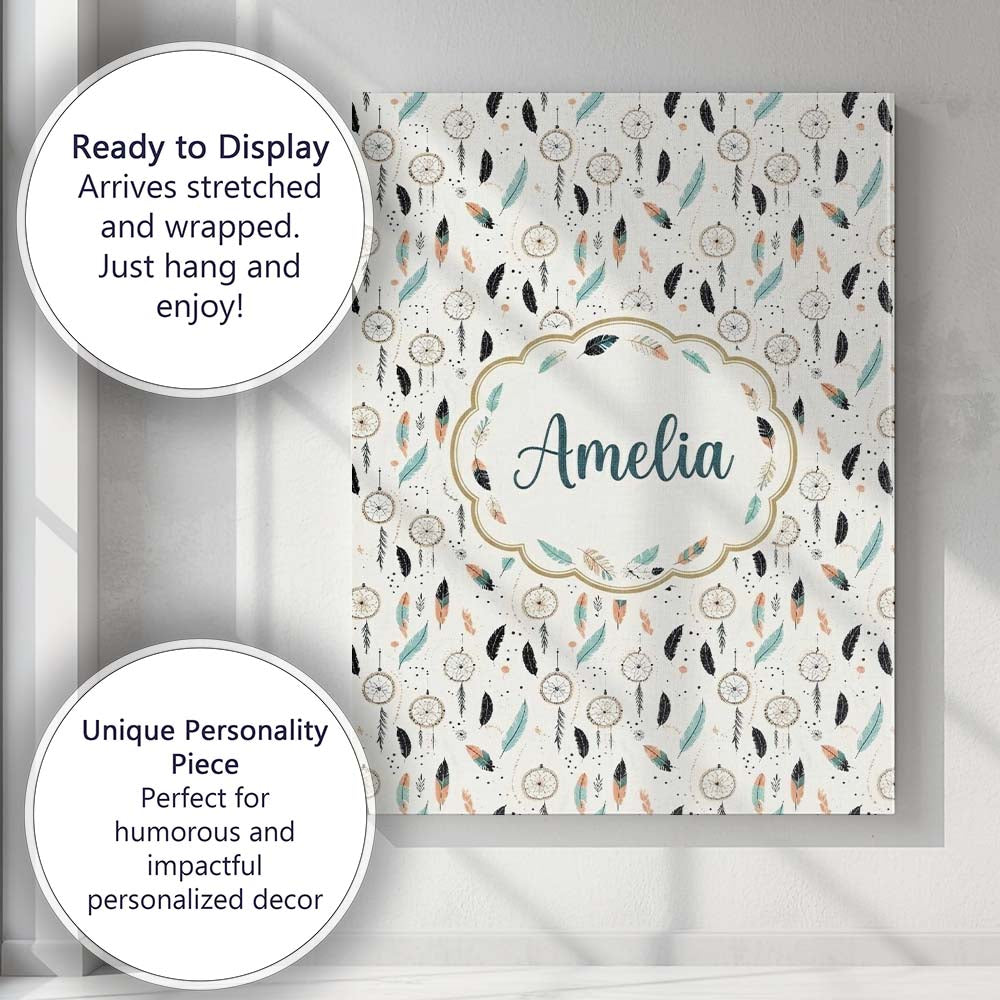 Personalised Name Boho Dreamcatcher Feathers Custom Bespoke Contemporary Display Canvas Wall Art Print Decor Picture Ready to Hang