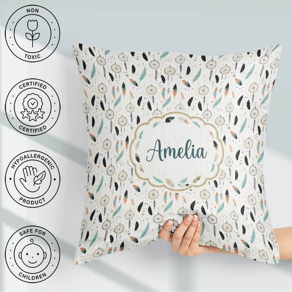 Custom Name Boho Feathers Pastel Seamless Pattern Designs Name Square Filled Cushion Throw Pillow Sofa Bed Home Decor Zip Washable UK Made