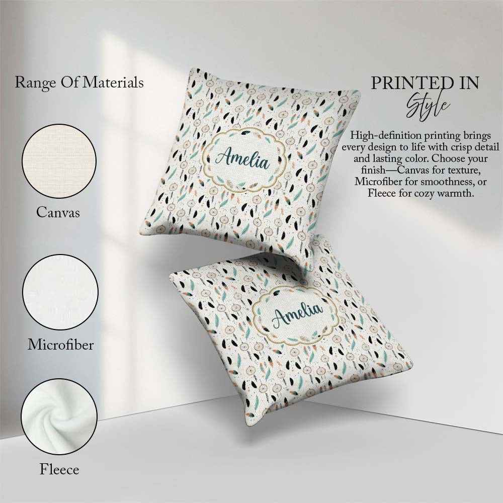 Custom Name Boho Feathers Pastel Seamless Pattern Designs Name Square Filled Cushion Throw Pillow Sofa Bed Home Decor Zip Washable UK Made