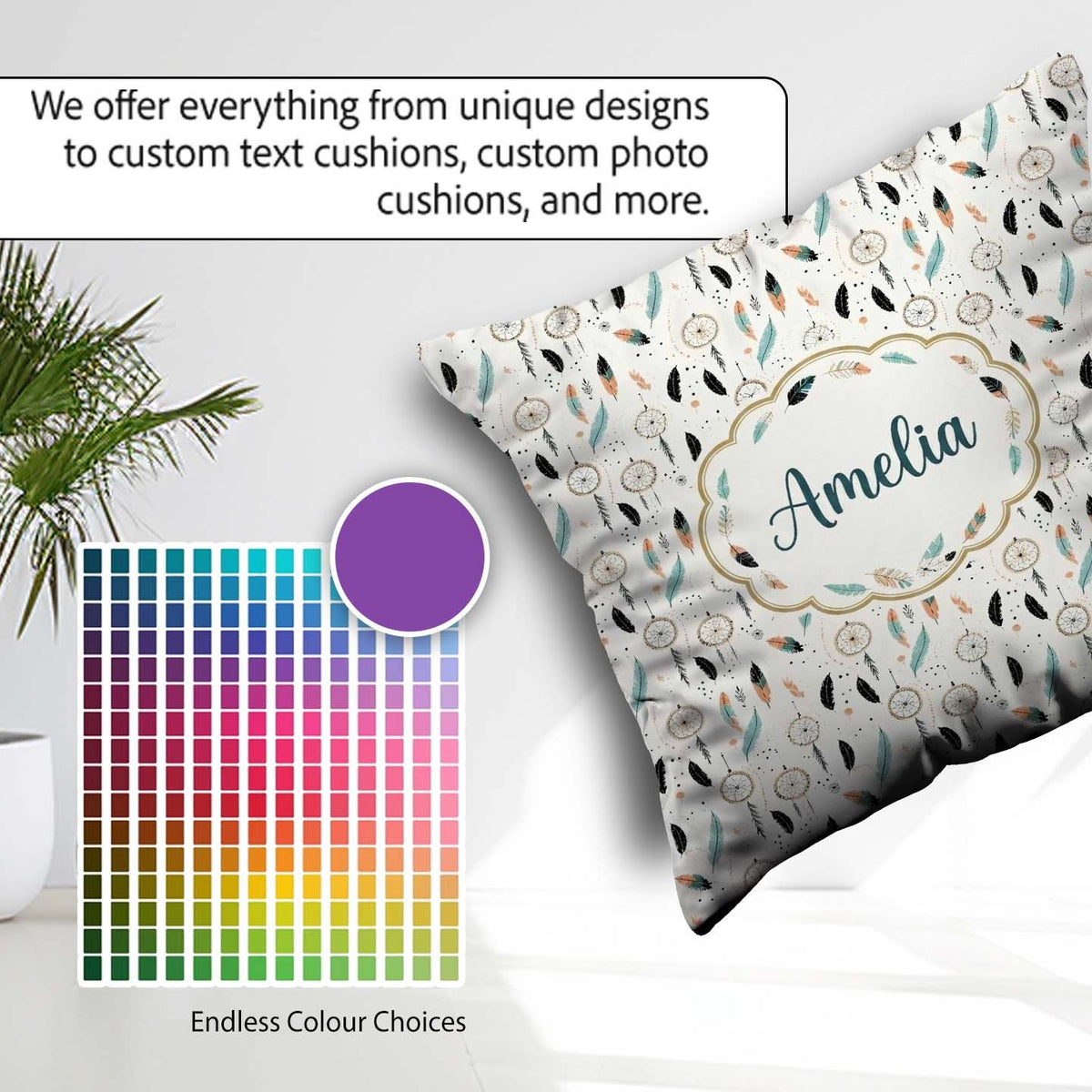 Custom Name Boho Feathers Pastel Seamless Pattern Designs Name Square Filled Cushion Throw Pillow Sofa Bed Home Decor Zip Washable UK Made