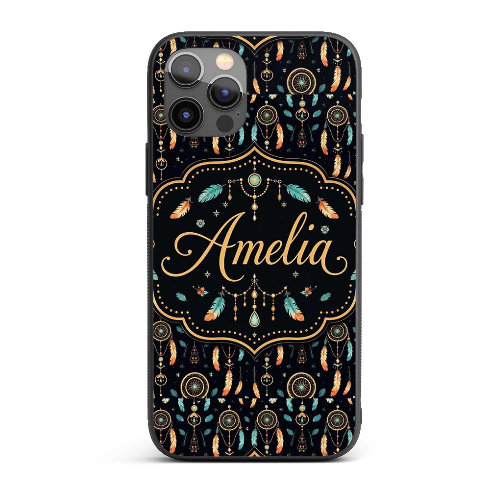 Dark Boho Dreamcatcher Feathers Night Seamless Custom Name Protective Phone Case Mobile Cover Durable Everyday Smartphone Shock Resistant