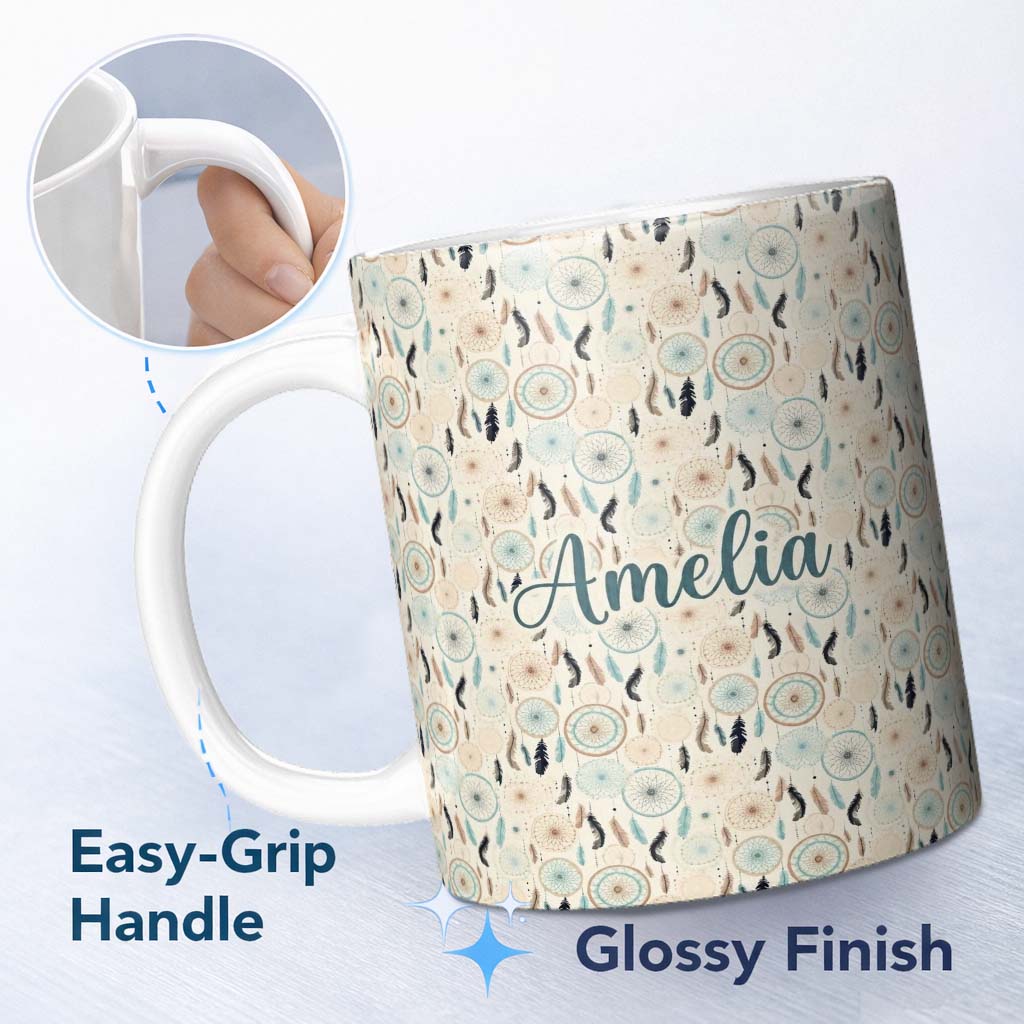 Personalized Custom Name Soft Boho Dreamcatcher Feathers Neutral Seamless Pattern Designs 11oz Ceramic Coffee Tea Mug White Large Handle