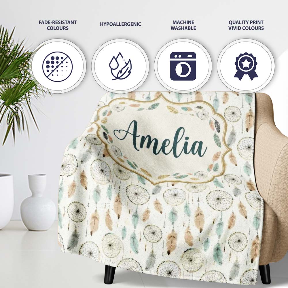 Elegant Dreamcatcher Feathers Minimal Seamless Pattern Designs Name Personalised Custom Name Super Soft Fleece Blanket Bed Sofa Throw