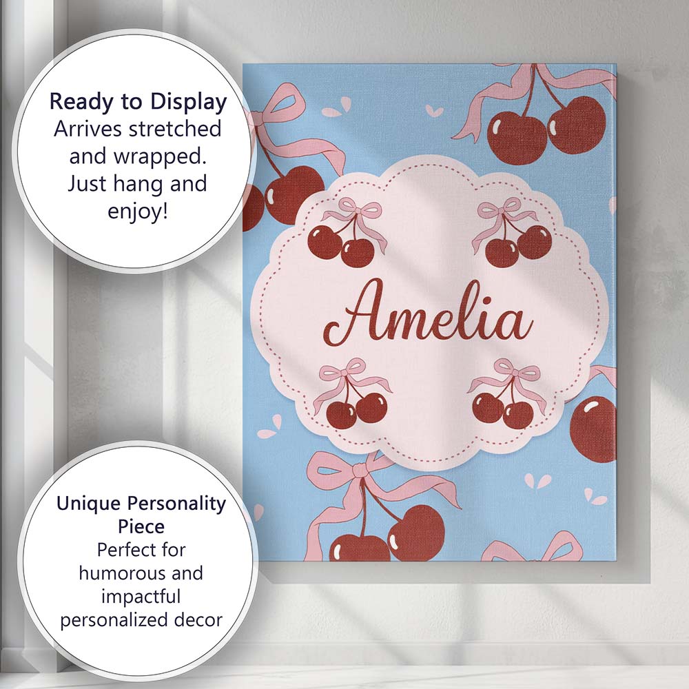 Personalised Name Cherry Bow Ribbon Cute Minimal Sky Blue Background Custom Home Canvas Wall Art Print Decor Picture Ready to Hang