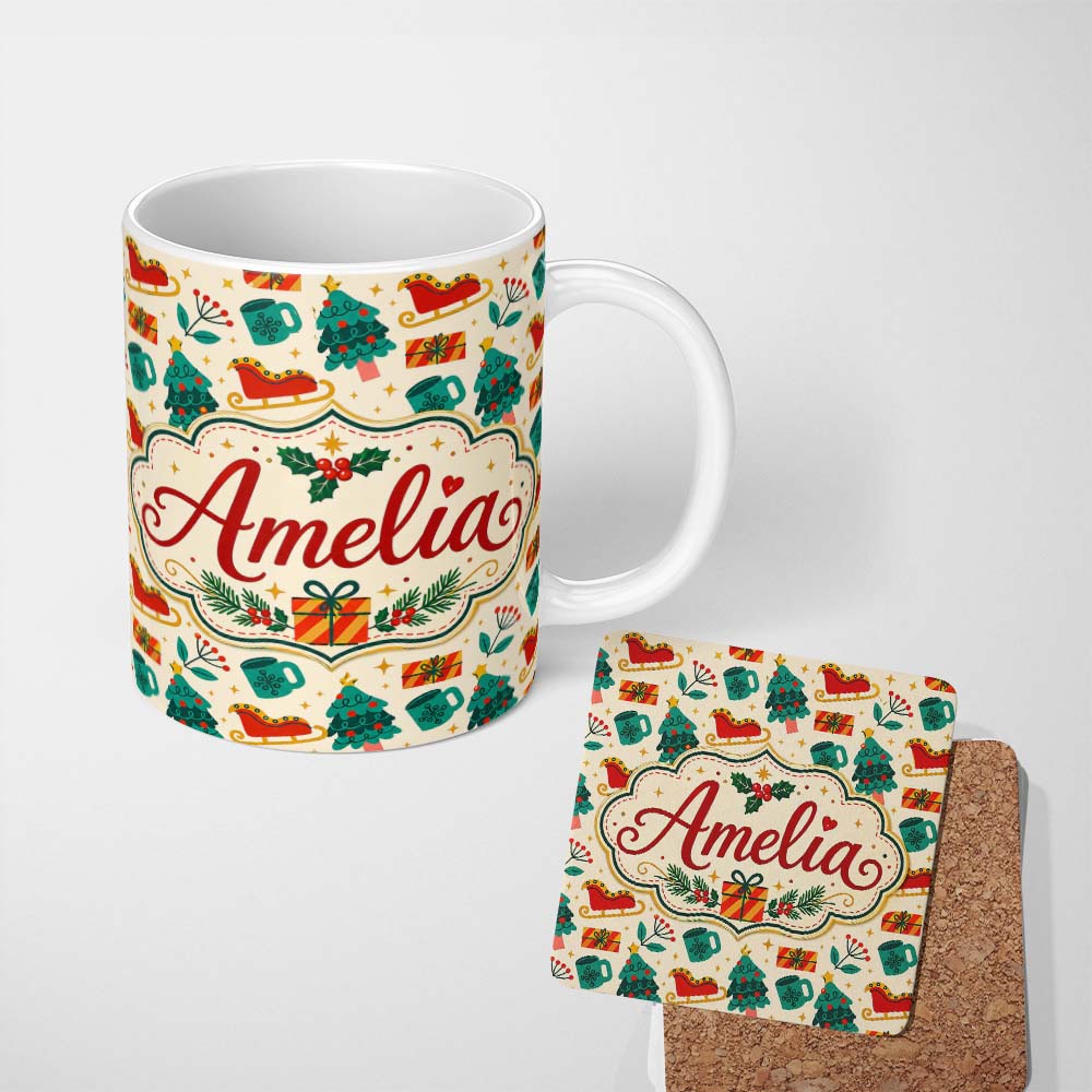 Personalized Custom Name Modern Christmas Trees Sleigh Gifts Festive Seamless Pattern Lovely 11oz Ceramic Coffee Tea Mug White Large Handle