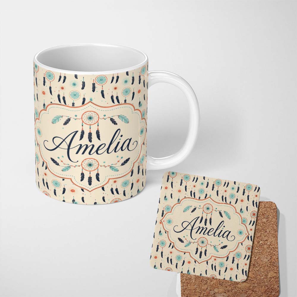 Personalized Custom Name Boho Dreamcatcher Feathers Dots Seamless Pattern Designs Name Cute 11oz Ceramic Coffee Tea Mug White Large Handle
