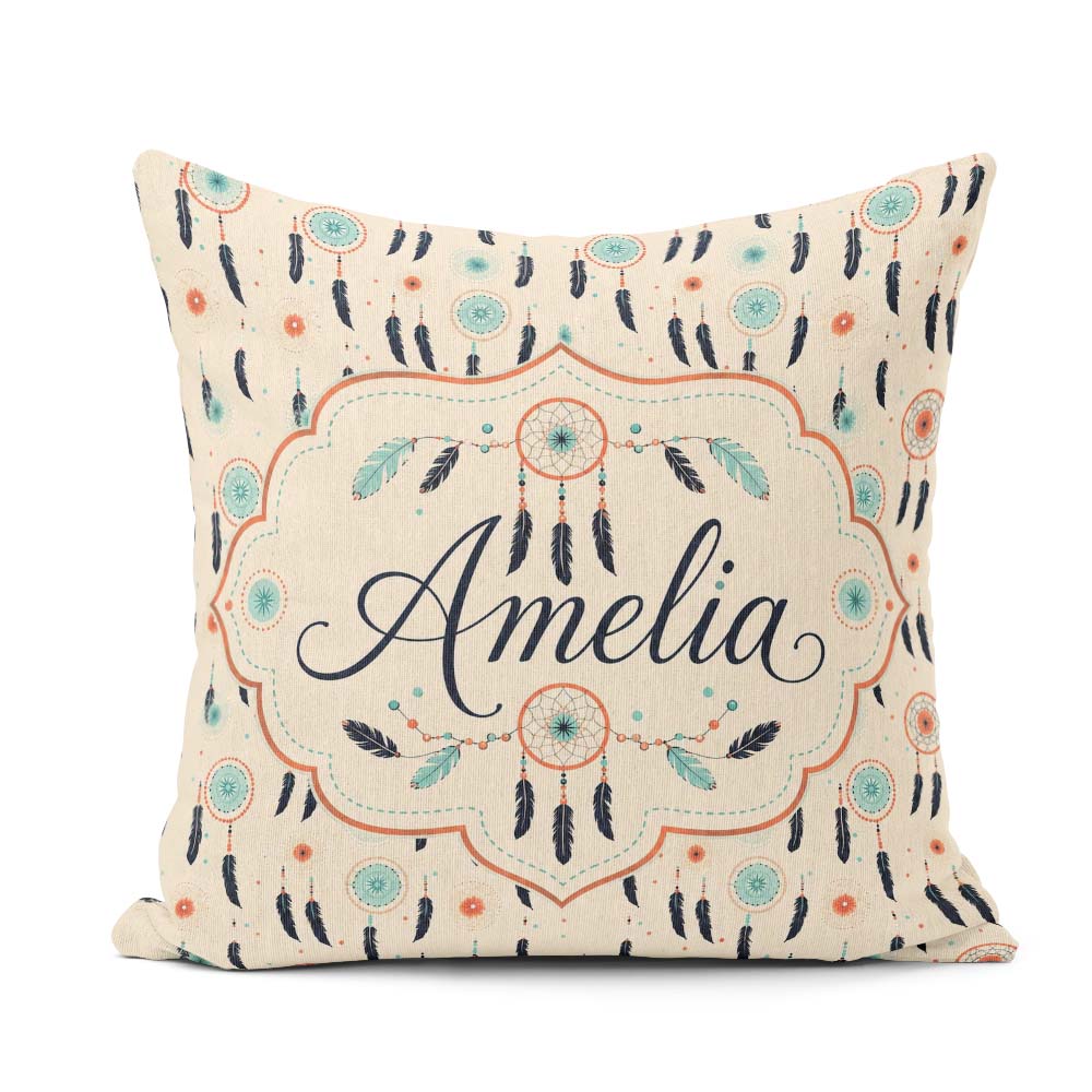 Custom Name Boho Dreamcatcher Feathers Dots Pattern Designs Name Square Filled Cushion Throw Pillow Sofa Bed Home Decor Zip Washable UK Made