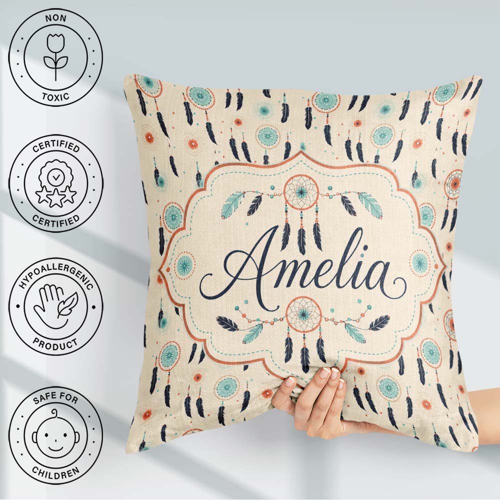 Custom Name Boho Dreamcatcher Feathers Dots Pattern Designs Name Square Filled Cushion Throw Pillow Sofa Bed Home Decor Zip Washable UK Made