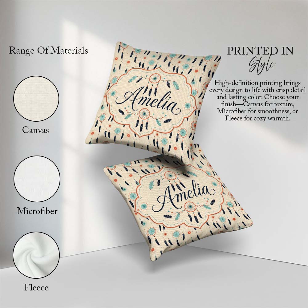 Custom Name Boho Dreamcatcher Feathers Dots Pattern Designs Name Square Filled Cushion Throw Pillow Sofa Bed Home Decor Zip Washable UK Made