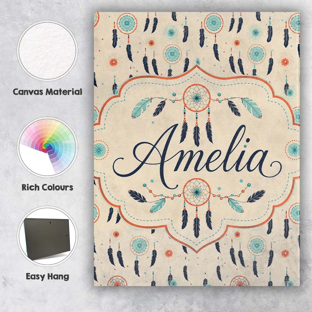 Personalised Name Boho Dreamcatcher Feathers Custom Bespoke Contemporary Display Canvas Wall Art Print Decor Picture Ready to Hang