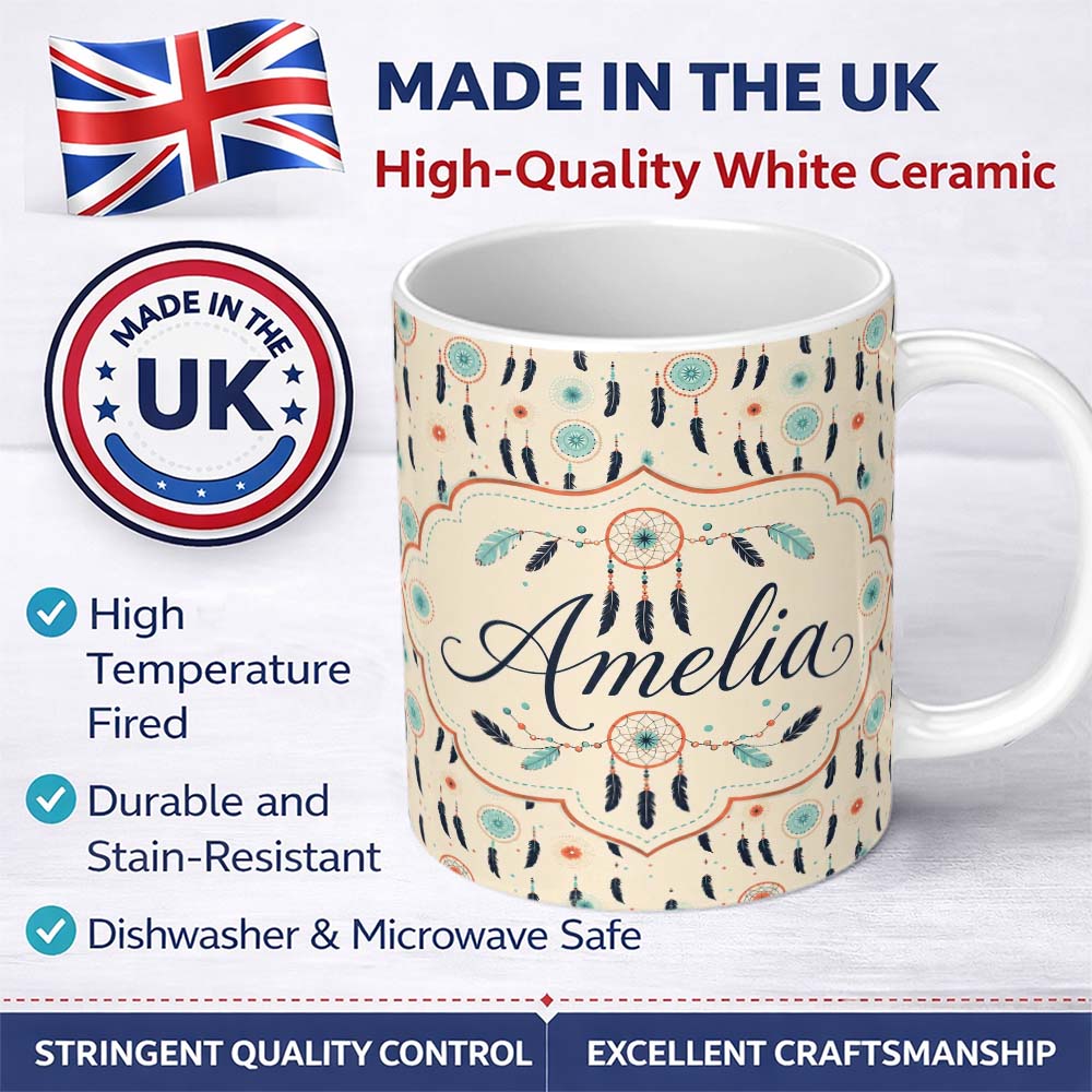 Personalized Custom Name Boho Dreamcatcher Feathers Dots Seamless Pattern Designs Name Cute 11oz Ceramic Coffee Tea Mug White Large Handle