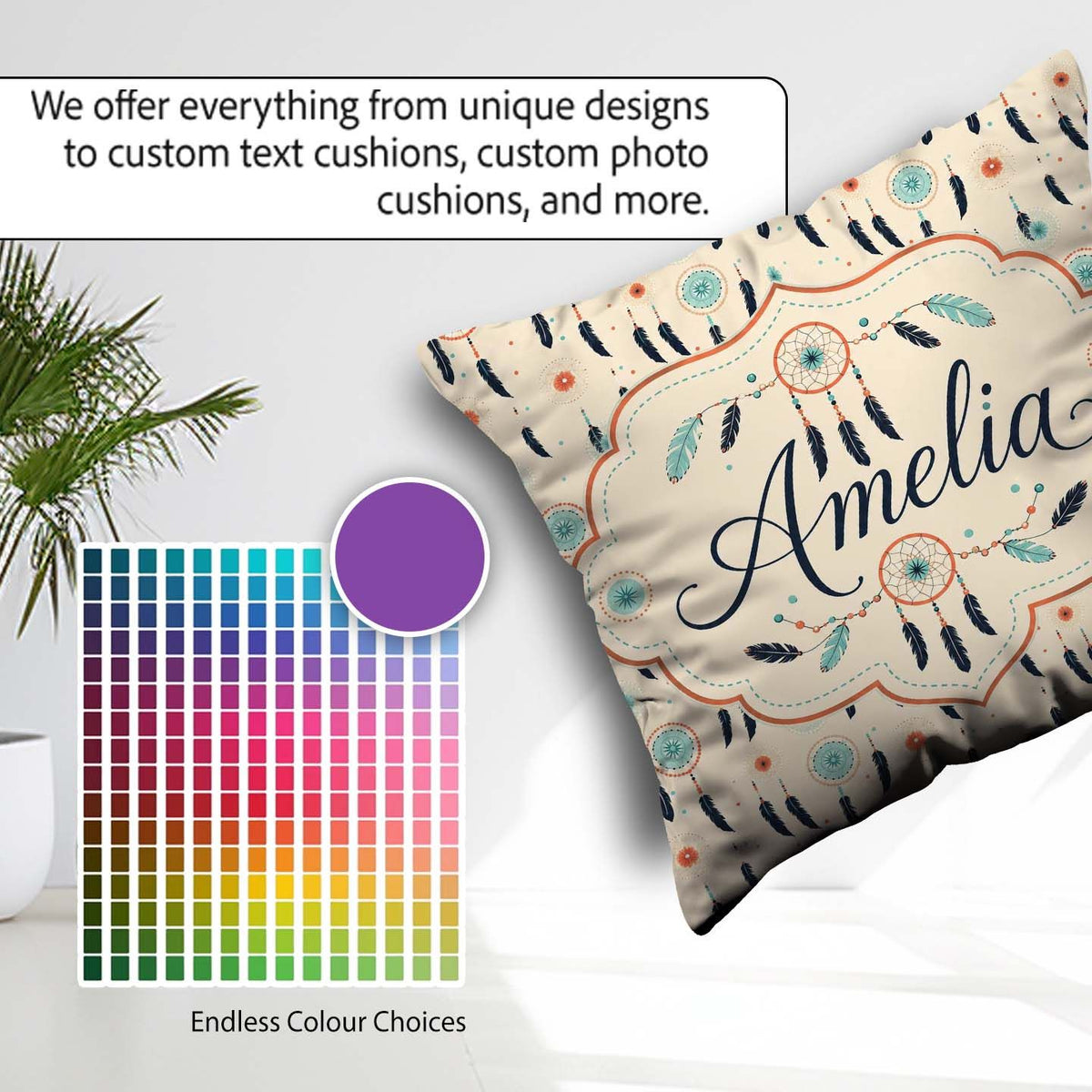 Custom Name Boho Dreamcatcher Feathers Dots Pattern Designs Name Square Filled Cushion Throw Pillow Sofa Bed Home Decor Zip Washable UK Made