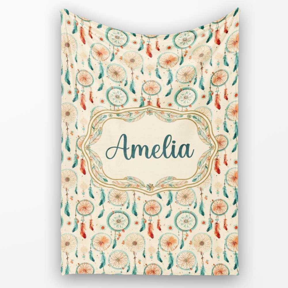 Dreamcatcher Feathers Bohemian Seamless Pattern Designs Name Cute Personalised Custom Name Super Soft Fleece Blanket Bed Sofa Throw