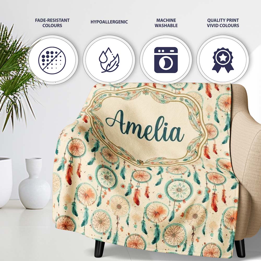 Dreamcatcher Feathers Bohemian Seamless Pattern Designs Name Cute Personalised Custom Name Super Soft Fleece Blanket Bed Sofa Throw
