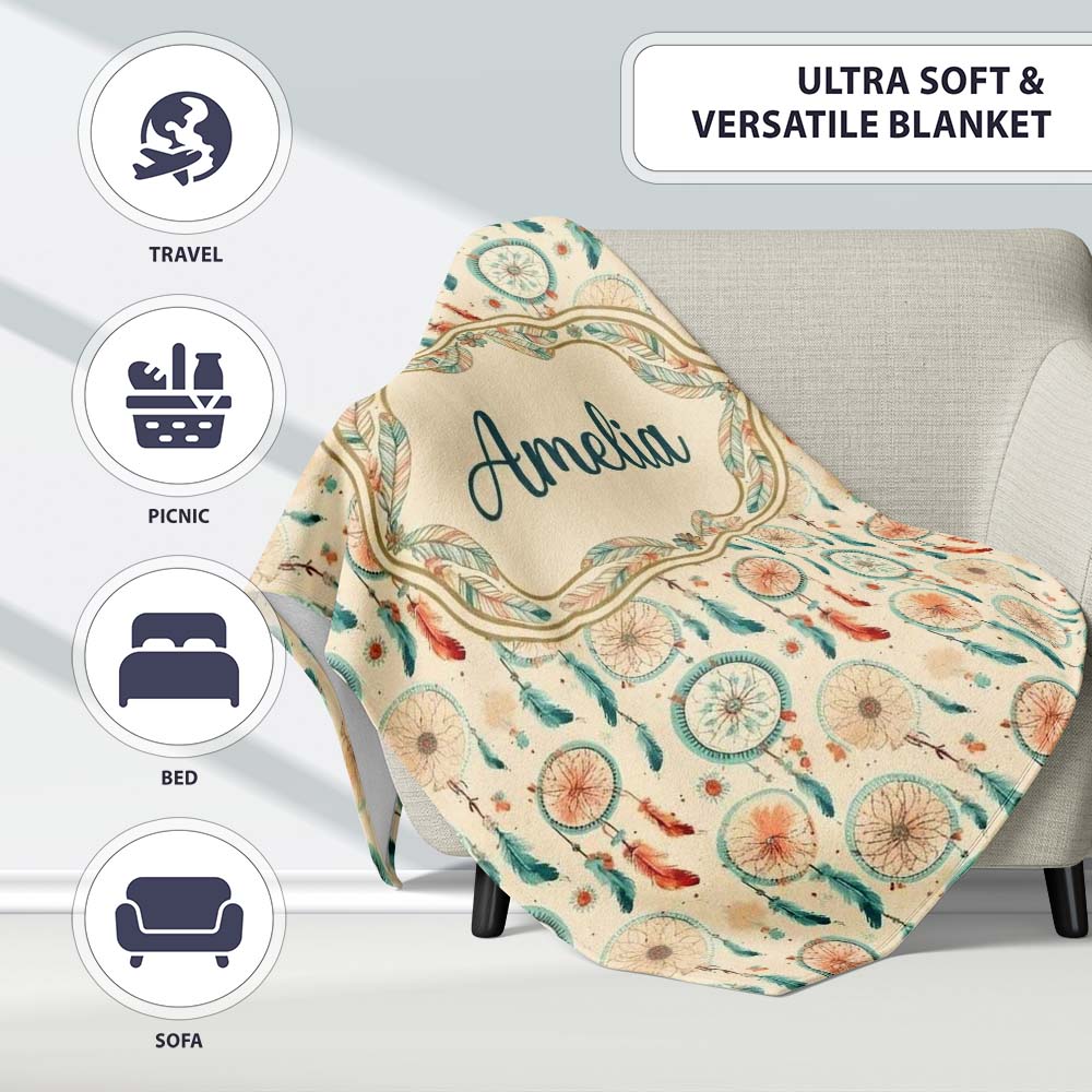 Dreamcatcher Feathers Bohemian Seamless Pattern Designs Name Cute Personalised Custom Name Super Soft Fleece Blanket Bed Sofa Throw