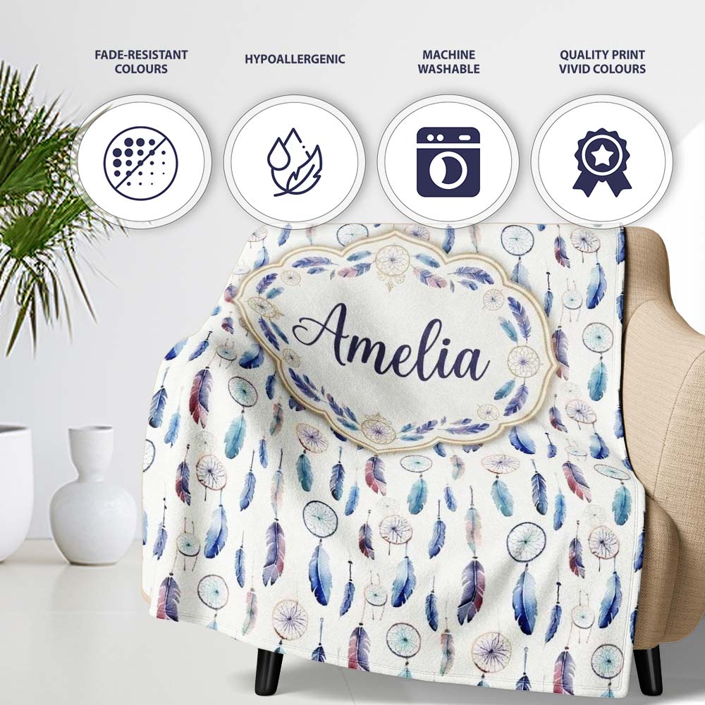 Soft Blue Dreamcatcher Feathers Pastel Seamless Pattern Name Cute Personalised Custom Name Super Soft Fleece Blanket Bed Sofa Throw