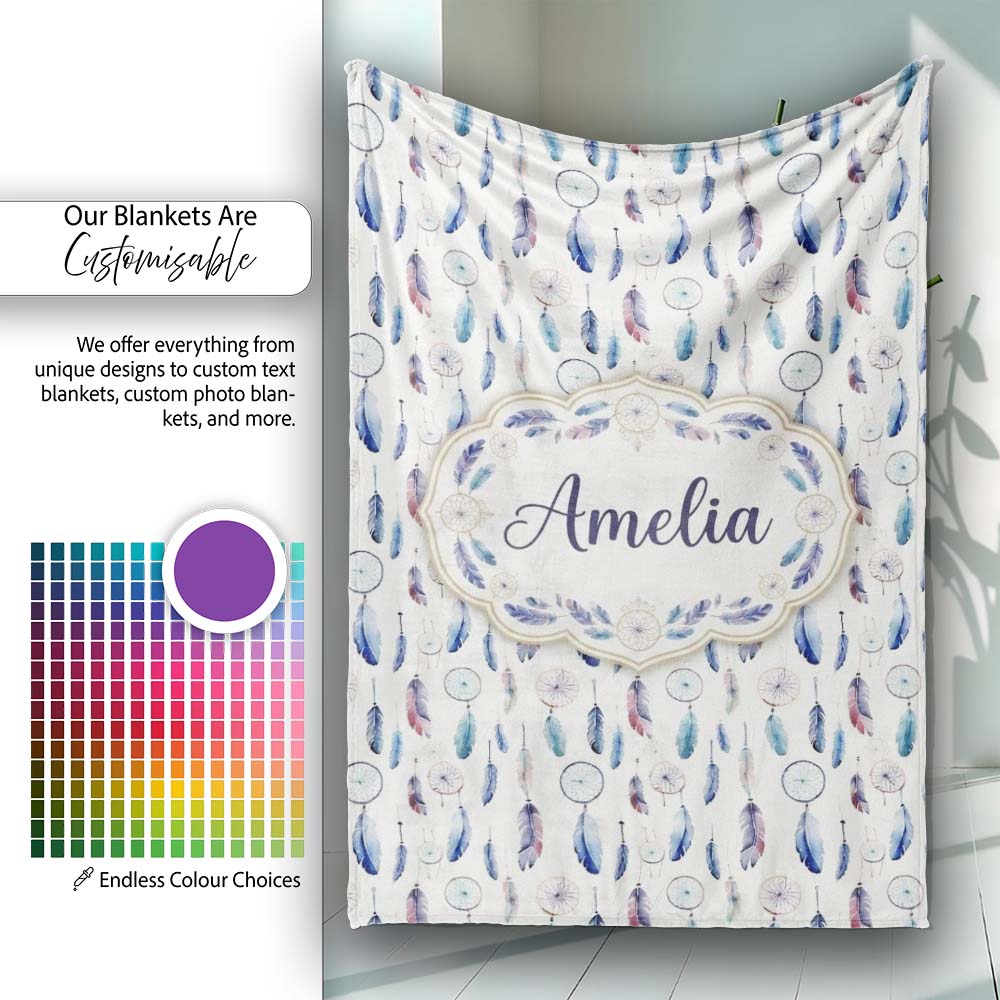 Soft Blue Dreamcatcher Feathers Pastel Seamless Pattern Name Cute Personalised Custom Name Super Soft Fleece Blanket Bed Sofa Throw
