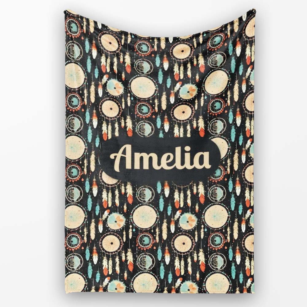 Dark Tribal Dreamcatcher Feathers Boho Seamless Pattern Name Cute Personalised Custom Name Super Soft Fleece Blanket Bed Sofa Throw