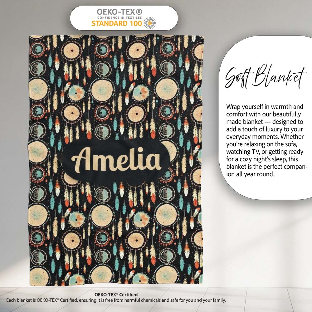Dark Tribal Dreamcatcher Feathers Boho Seamless Pattern Name Cute Personalised Custom Name Super Soft Fleece Blanket Bed Sofa Throw