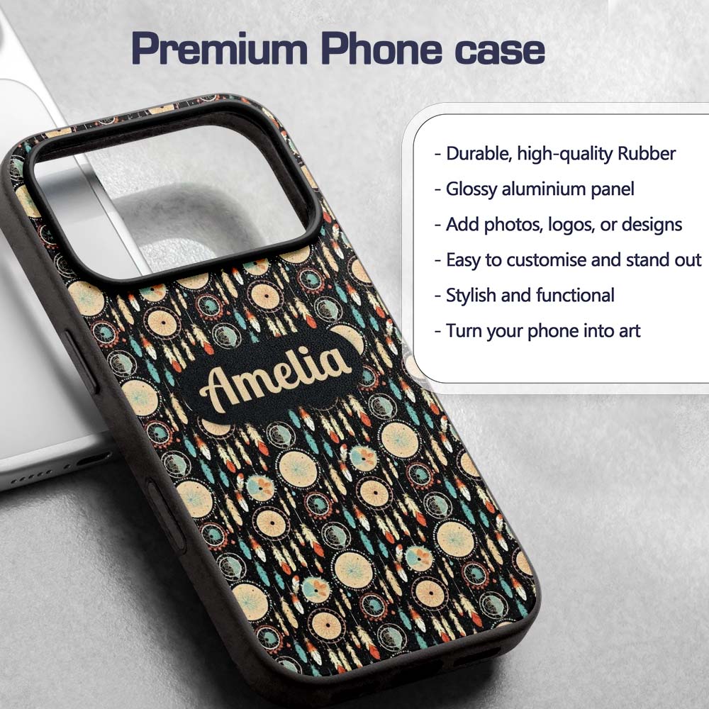 Dark Tribal Dreamcatcher Feathers Boho Seamless Custom Name Protective Phone Case Mobile Cover Durable Everyday Smartphone Shock Resistant