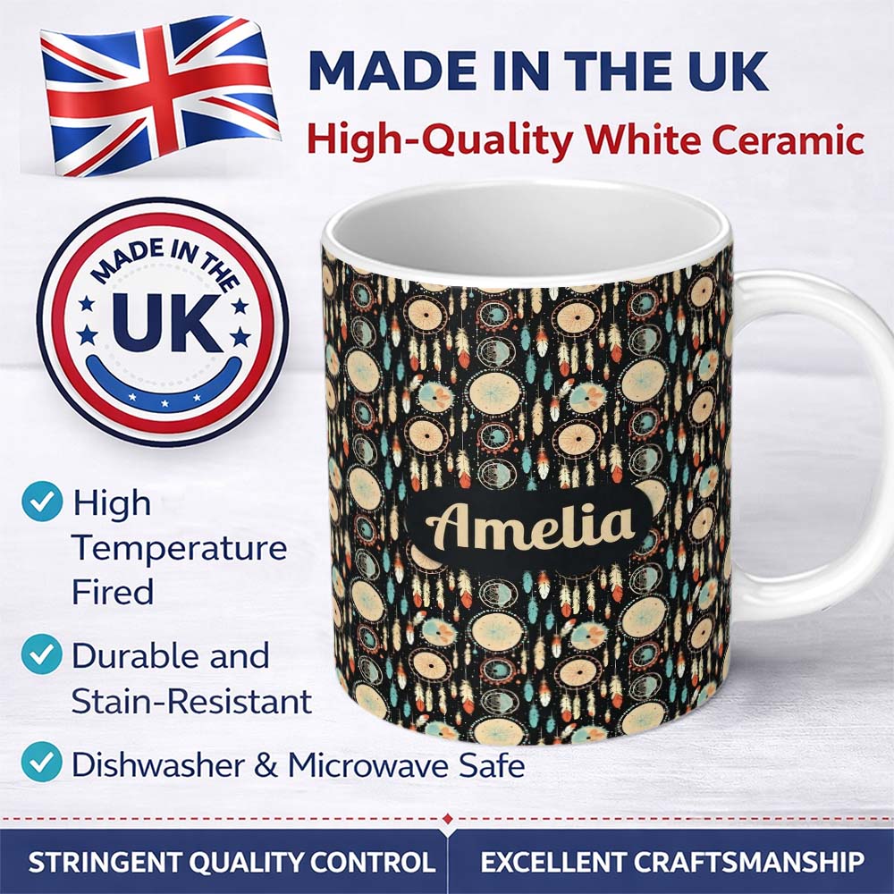 Personalized Custom Name Dark Tribal Dreamcatcher Feathers Boho Seamless Pattern Name Cute 11oz Ceramic Coffee Tea Mug White Large Handle