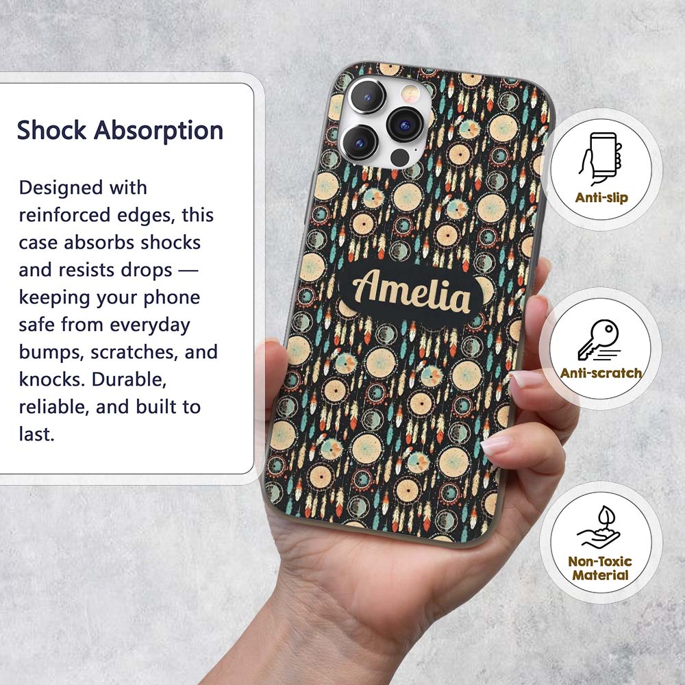 Dark Tribal Dreamcatcher Feathers Boho Seamless Custom Name Protective Phone Case Mobile Cover Durable Everyday Smartphone Shock Resistant
