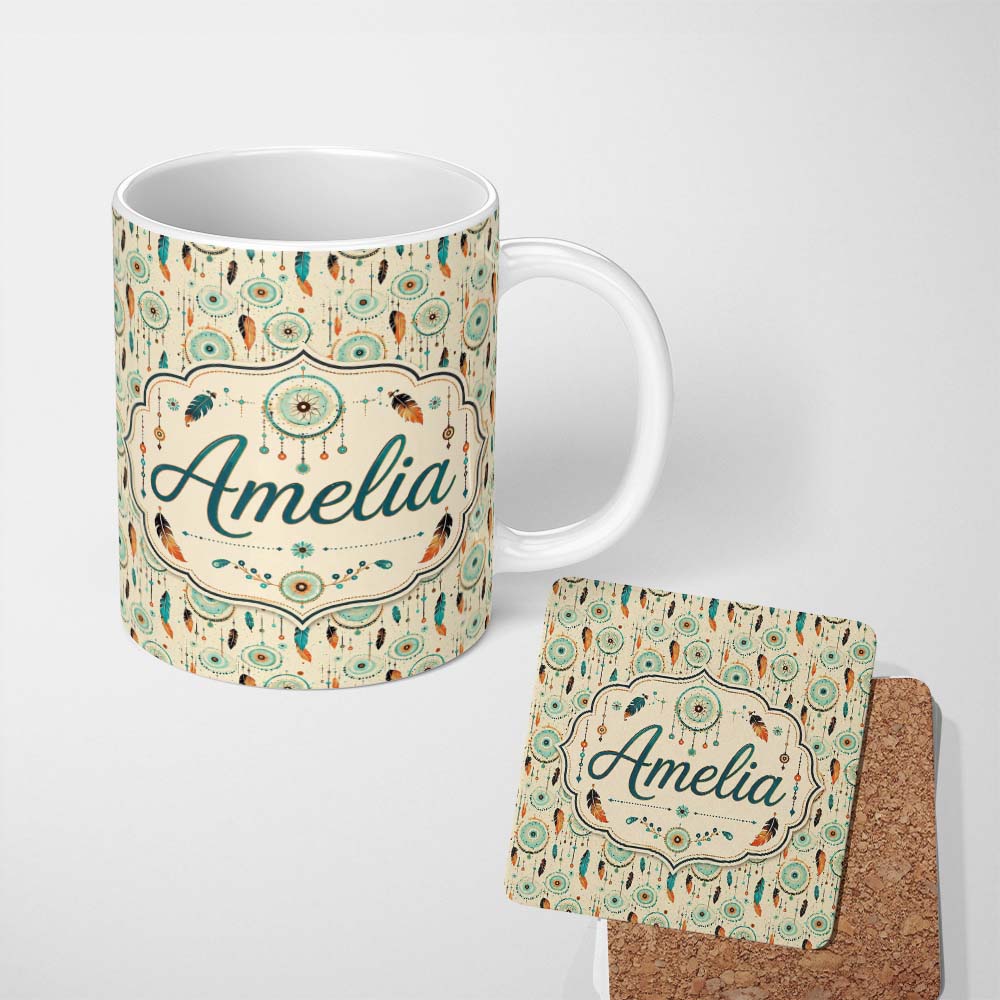 Personalized Custom Name Turquoise Dreamcatcher Feathers Bohemian Seamless Pattern Custom 11oz Ceramic Coffee Tea Mug White Large Handle