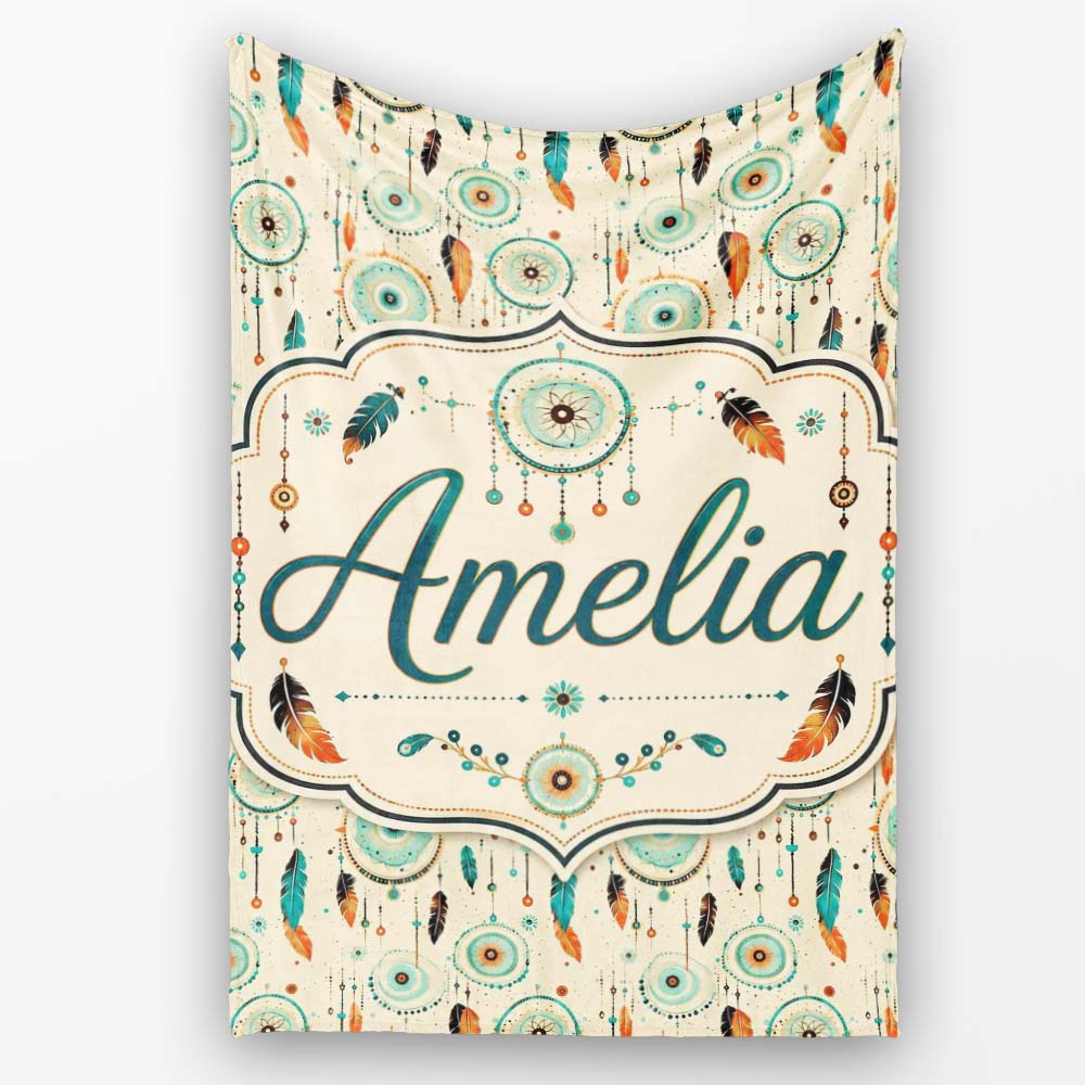 Turquoise Dreamcatcher Feathers Bohemian Seamless Pattern Custom Personalised Custom Name Super Soft Fleece Blanket Bed Sofa Throw