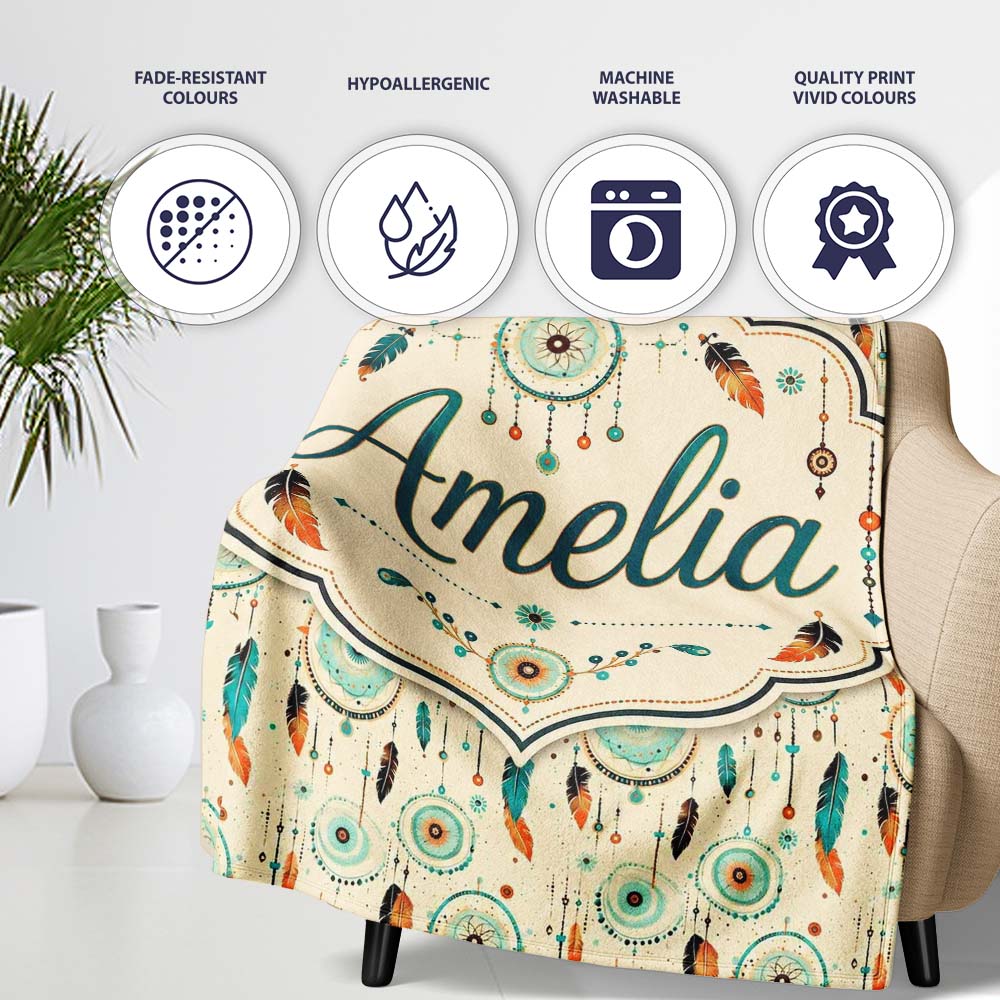 Turquoise Dreamcatcher Feathers Bohemian Seamless Pattern Custom Personalised Custom Name Super Soft Fleece Blanket Bed Sofa Throw