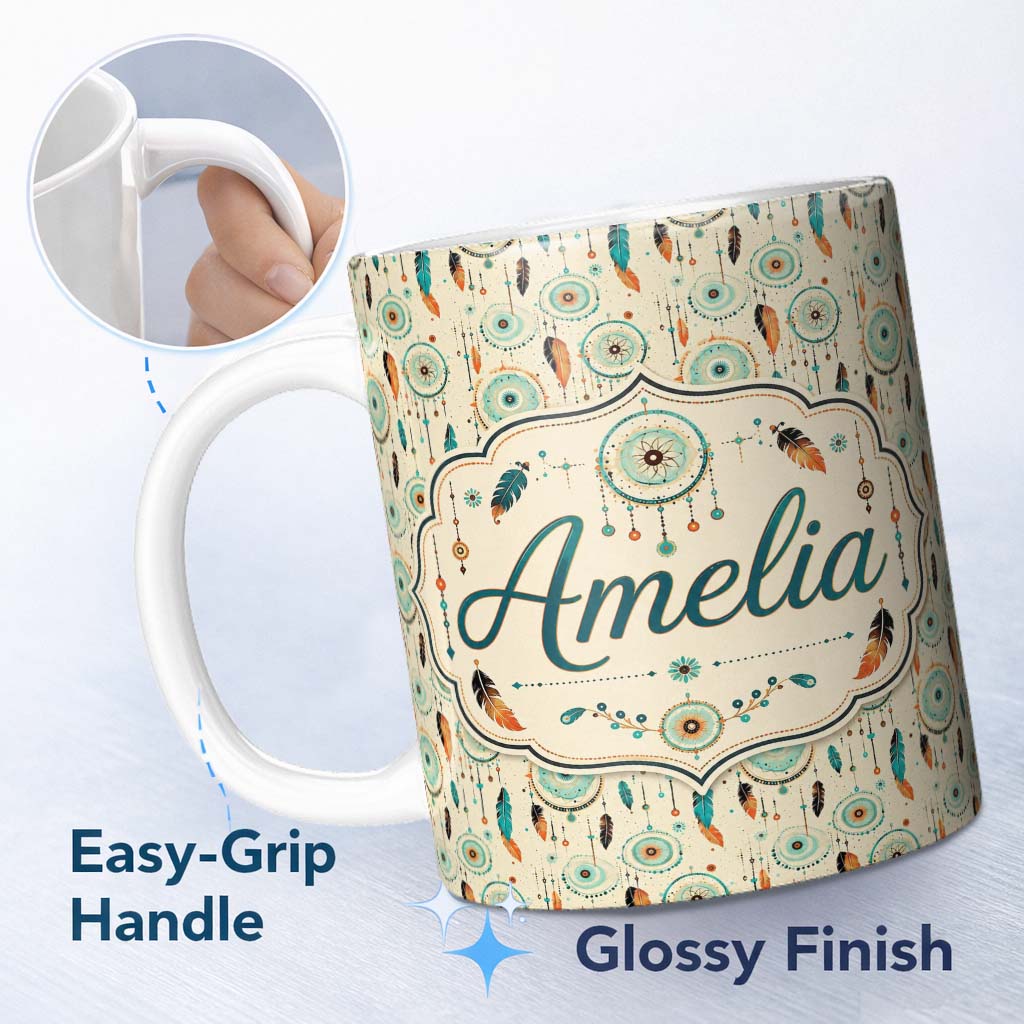 Personalized Custom Name Turquoise Dreamcatcher Feathers Bohemian Seamless Pattern Custom 11oz Ceramic Coffee Tea Mug White Large Handle