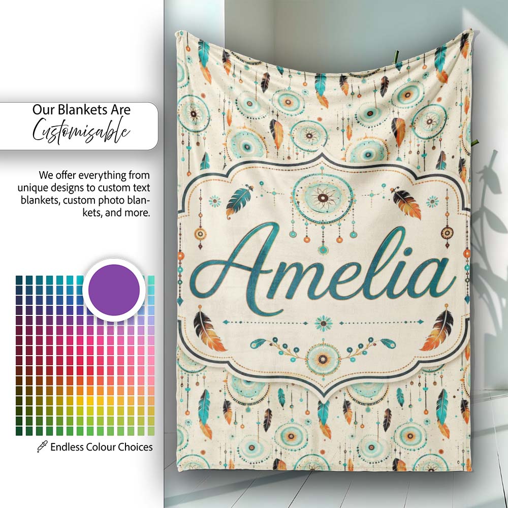 Turquoise Dreamcatcher Feathers Bohemian Seamless Pattern Custom Personalised Custom Name Super Soft Fleece Blanket Bed Sofa Throw