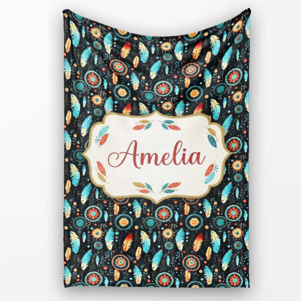 Boho Floral Feathers Mandala Dark Seamless Pattern Name Cute Unique Personalised Custom Name Super Soft Fleece Blanket Bed Sofa Throw