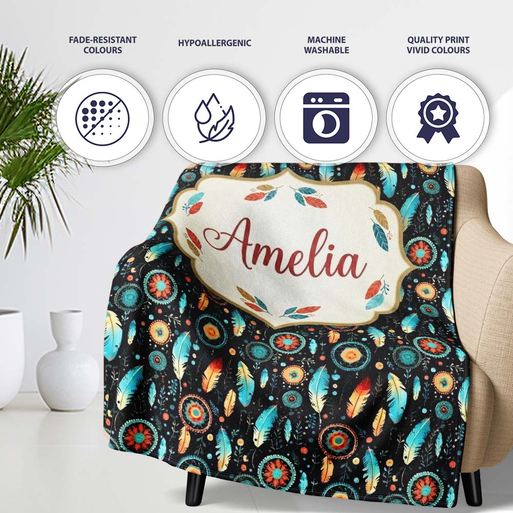 Boho Floral Feathers Mandala Dark Seamless Pattern Name Cute Unique Personalised Custom Name Super Soft Fleece Blanket Bed Sofa Throw