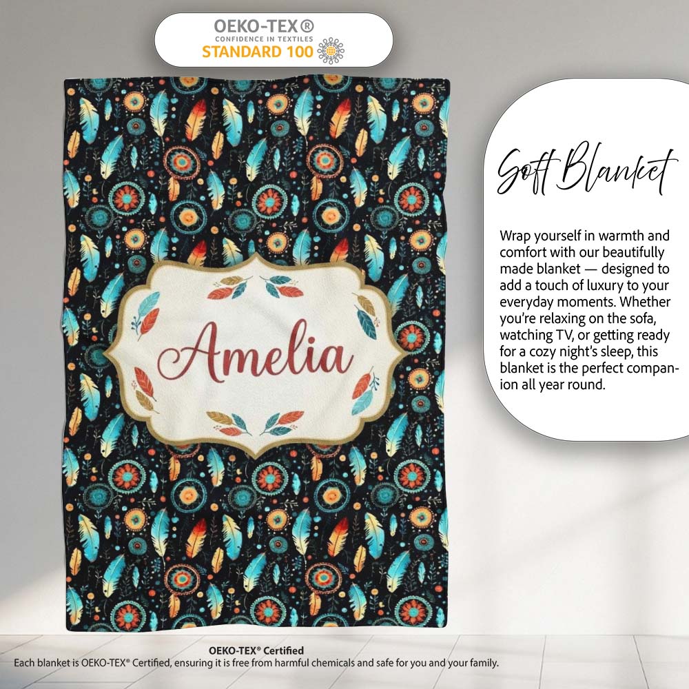 Boho Floral Feathers Mandala Dark Seamless Pattern Name Cute Unique Personalised Custom Name Super Soft Fleece Blanket Bed Sofa Throw
