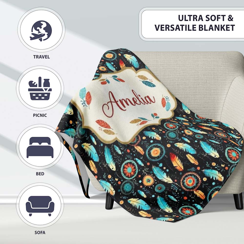 Boho Floral Feathers Mandala Dark Seamless Pattern Name Cute Unique Personalised Custom Name Super Soft Fleece Blanket Bed Sofa Throw