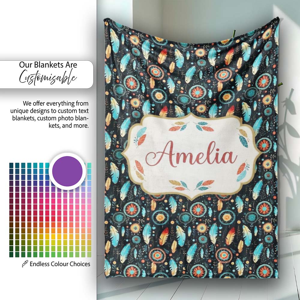 Boho Floral Feathers Mandala Dark Seamless Pattern Name Cute Unique Personalised Custom Name Super Soft Fleece Blanket Bed Sofa Throw