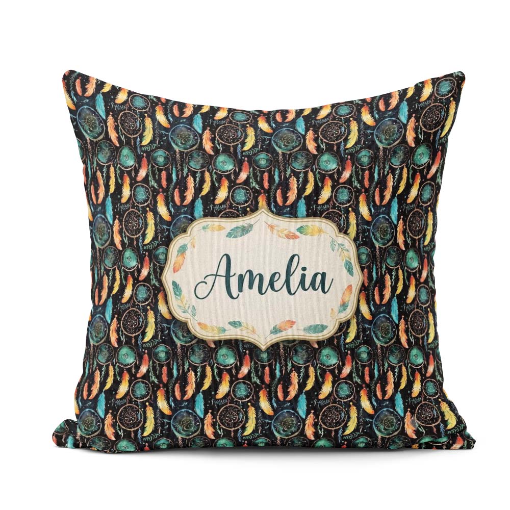 Custom Name Vibrant Tribal Feathers Dark Seamless Pattern Name Square Filled Cushion Throw Pillow Sofa Bed Home Decor Zip Washable UK Made