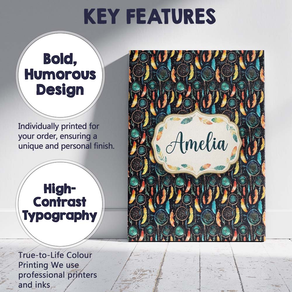 Personalised Name Vibrant Tribal Feathers Custom Unique Gift Idea Elegant Feature Canvas Wall Art Print Decor Picture Ready to Hang