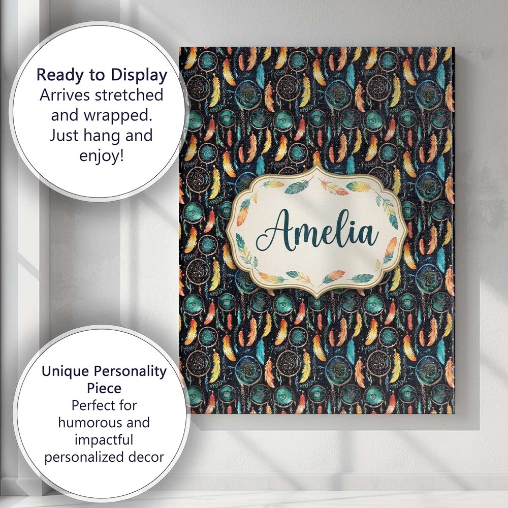 Personalised Name Vibrant Tribal Feathers Custom Unique Gift Idea Elegant Feature Canvas Wall Art Print Decor Picture Ready to Hang