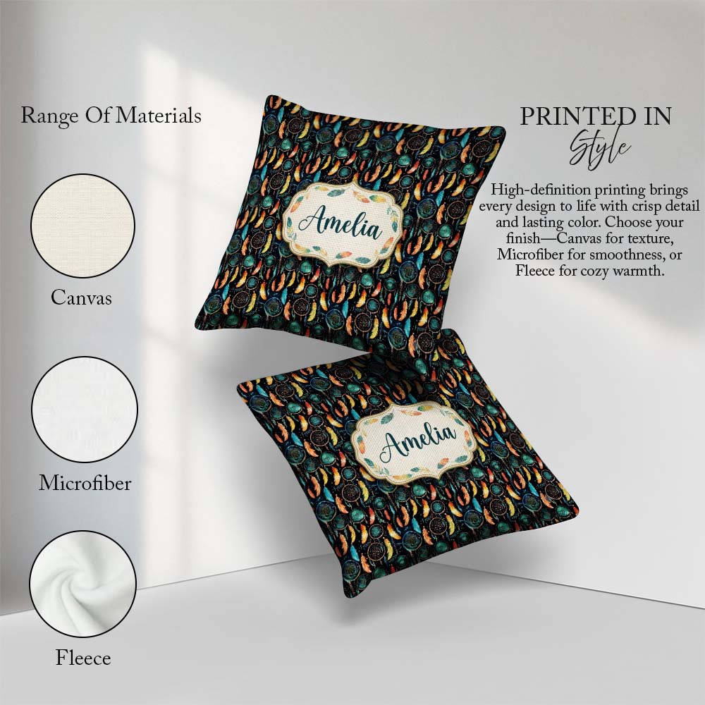 Custom Name Vibrant Tribal Feathers Dark Seamless Pattern Name Square Filled Cushion Throw Pillow Sofa Bed Home Decor Zip Washable UK Made