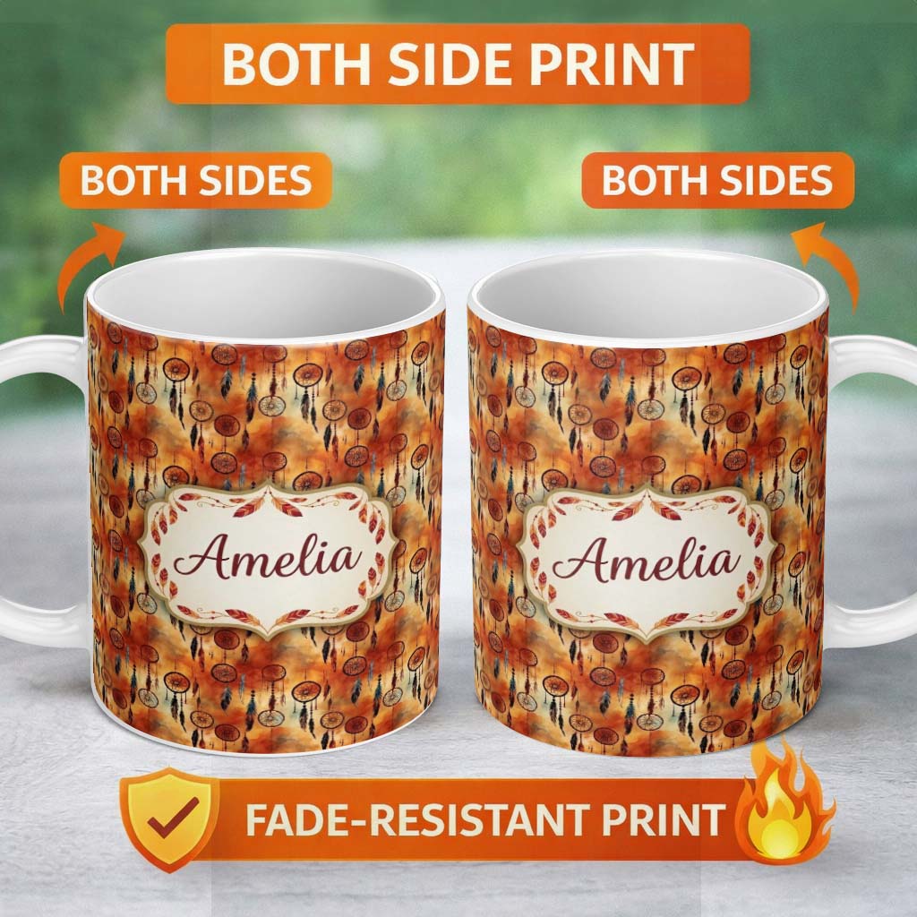 Personalized Custom Name Autumn Dreamcatcher Feathers Warm Orange Seamless Pattern Custom 11oz Ceramic Coffee Tea Mug White Large Handle