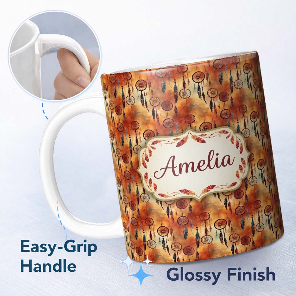 Personalized Custom Name Autumn Dreamcatcher Feathers Warm Orange Seamless Pattern Custom 11oz Ceramic Coffee Tea Mug White Large Handle